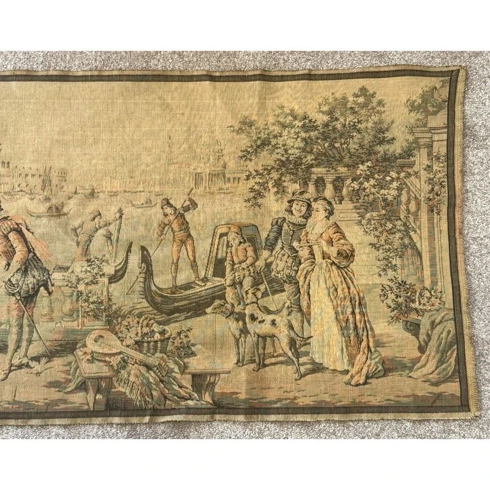 Antique Belgian French Jacquard Woven Tapestry Venetian Harbor Rococo Panel